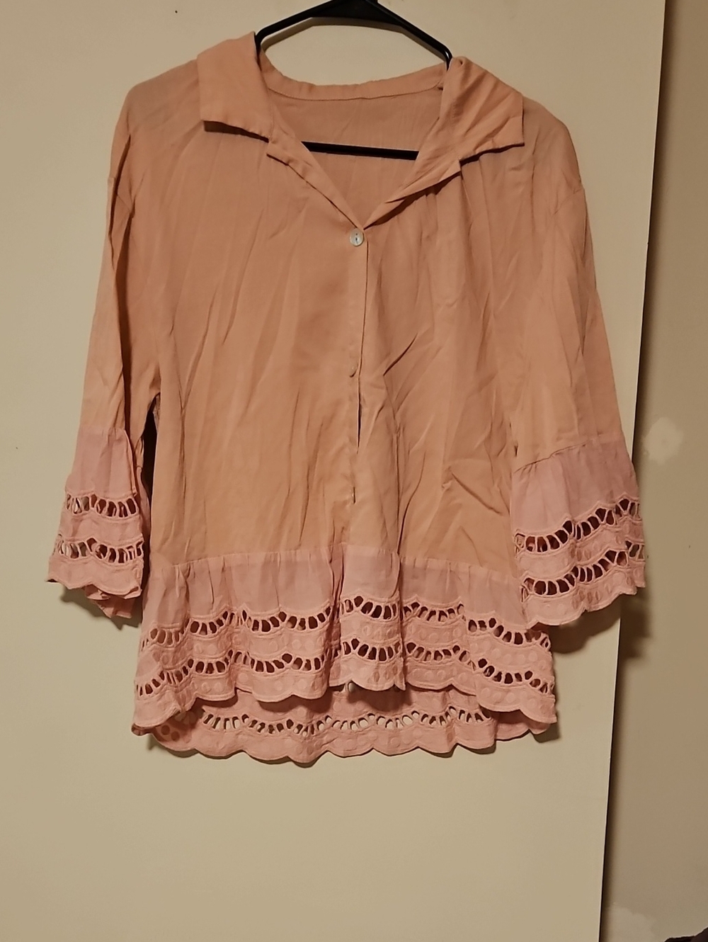 Women's Light Pink Crochet-Trim Button Front Blouse